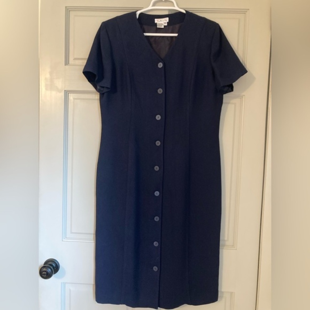 Vintage 90s Talbots Dress Women Size 14 Button Down Shoulder Pad Minimalist Blue